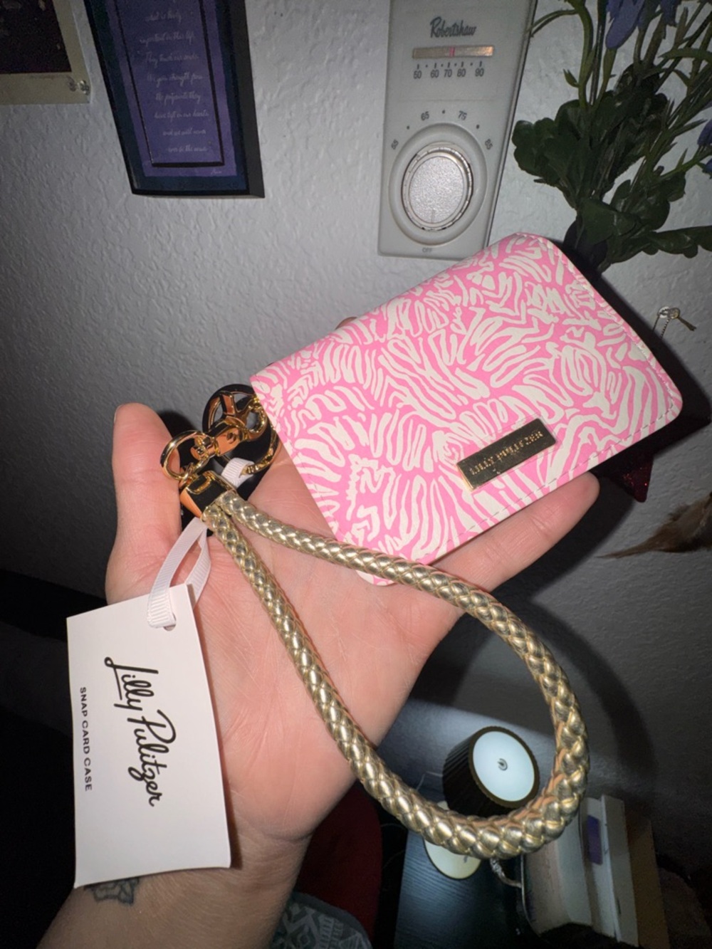 Lilly Pulitzer Pink and White Zebra Card Case Wristlet with Gold Strap
